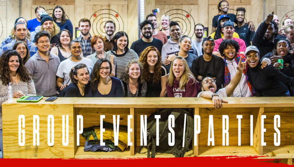 Bury The Hatchet Group Events Page Header Image. Axe throwing group standing in front of targets